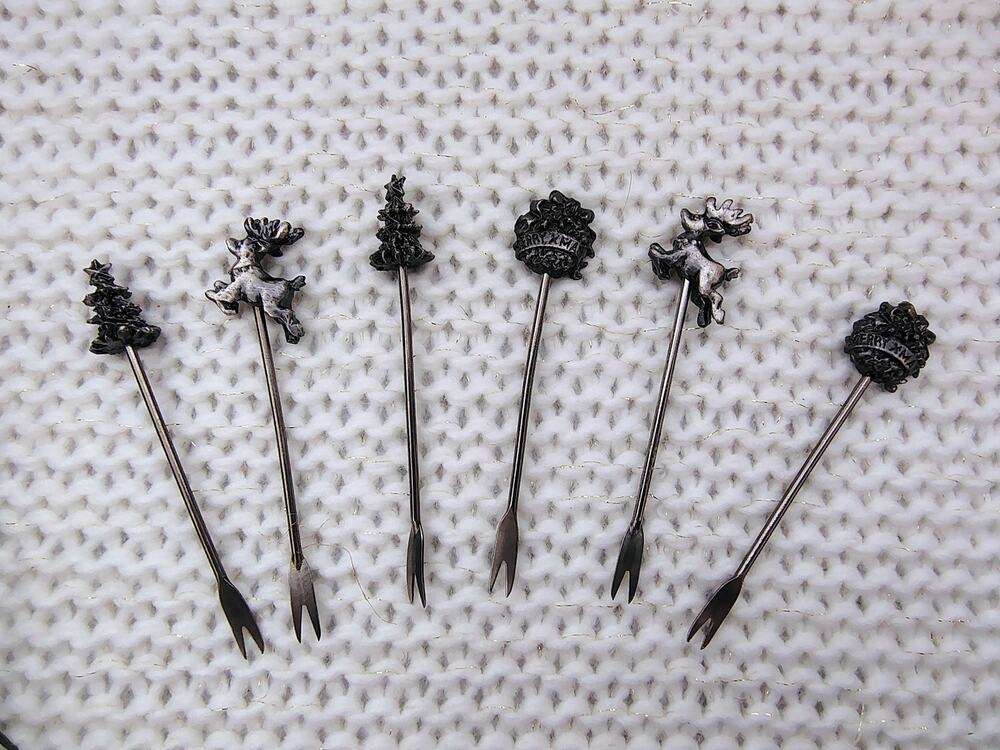 Vintage Holiday Cocktail Picks – Set of 6 Pewter Christmas Appetizer Forks
